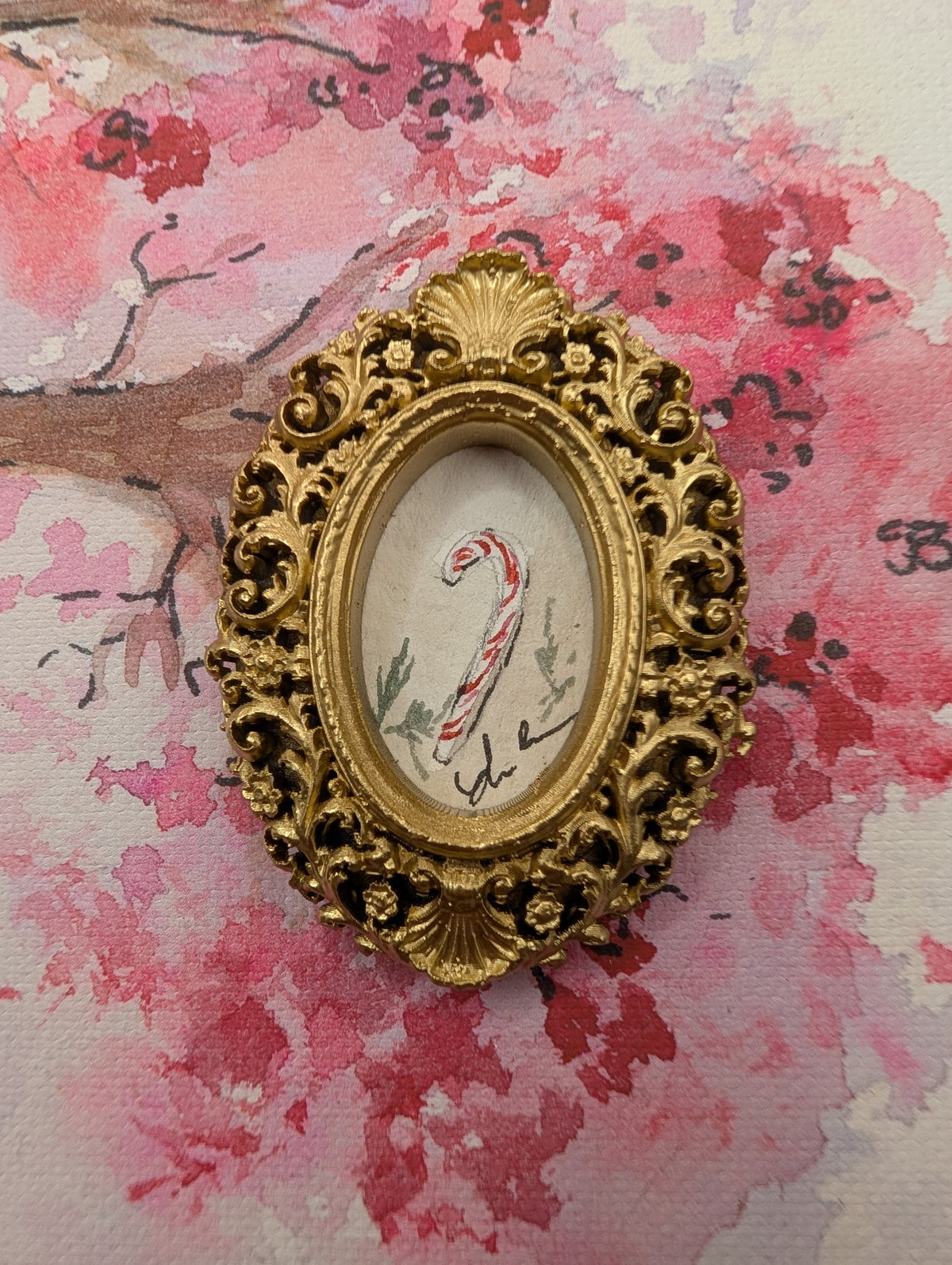 Mini Candy Cane Painting - Original Watercolor Art by Lora Cavallin