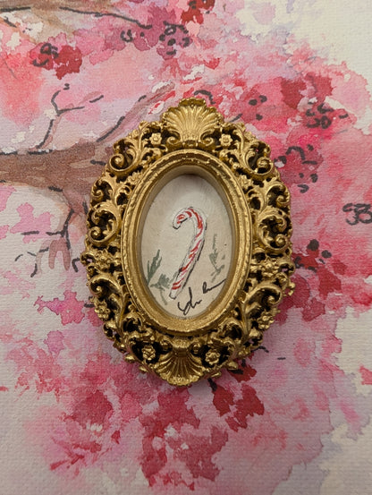 Mini Candy Cane Painting - Original Watercolor Art by Lora Cavallin