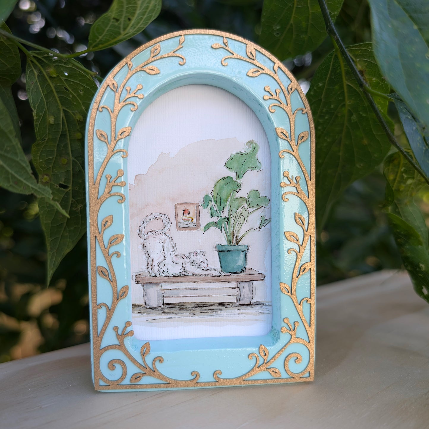 Cat Stretching on Bench - Ornate Arch Frame