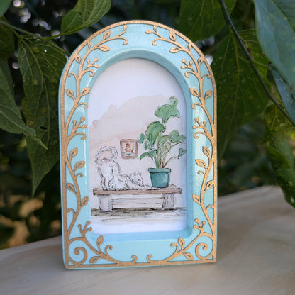 Cat Stretching on Bench - Ornate Arch Frame