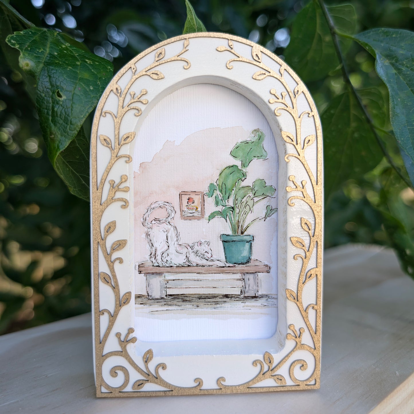 Cat Stretching on Bench - Ornate Arch Frame